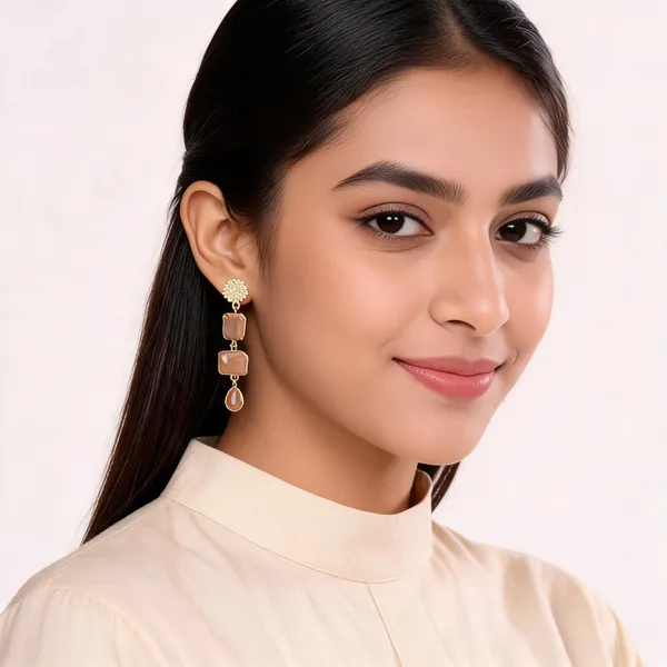 Gold___And_Peach_Semi_Precious_Stone_Plated_Brass_Earrings_For_Women