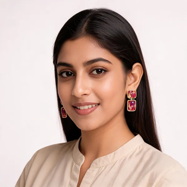 Gold___And_Magenta_Semi_Precious_Stone_Plated_Brass_Earrings_For_Women
