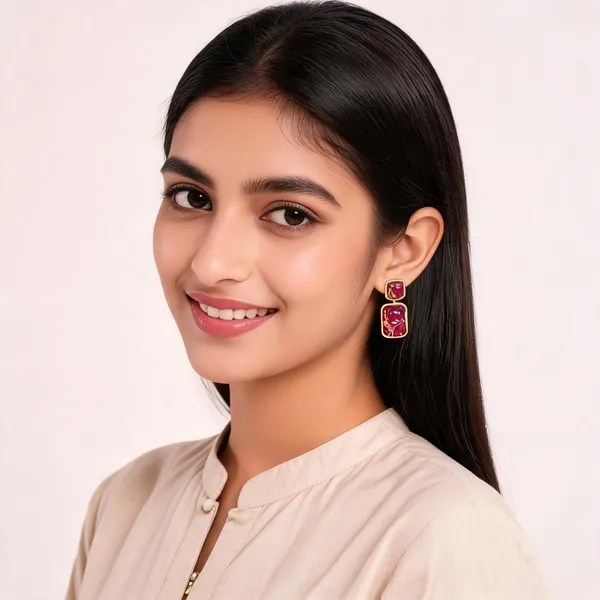 Gold___And_Magenta_Semi_Precious_Stone_Plated_Brass_Earrings_For_Women