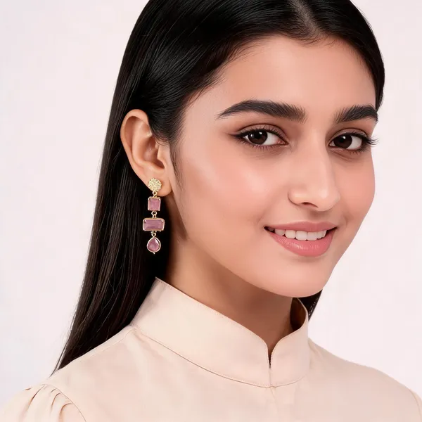 Gold___And_Pink_Natural_Semi_Precious_Stone_Plated_Brass_Earrings_For_Women