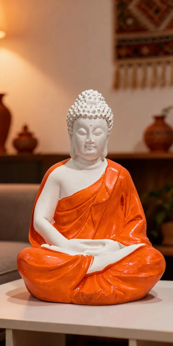White_And_Orange_Resin_Decorative_Seated_Meditation_Buddha_Figurine