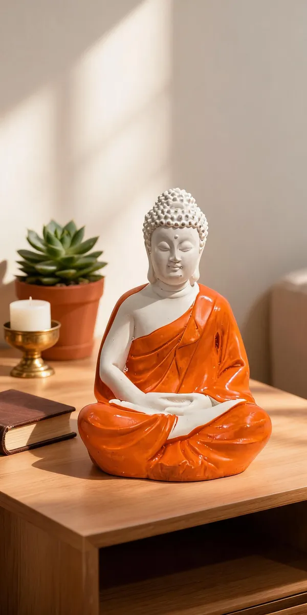 White_And_Orange_Resin_Decorative_Seated_Meditation_Buddha_Figurine