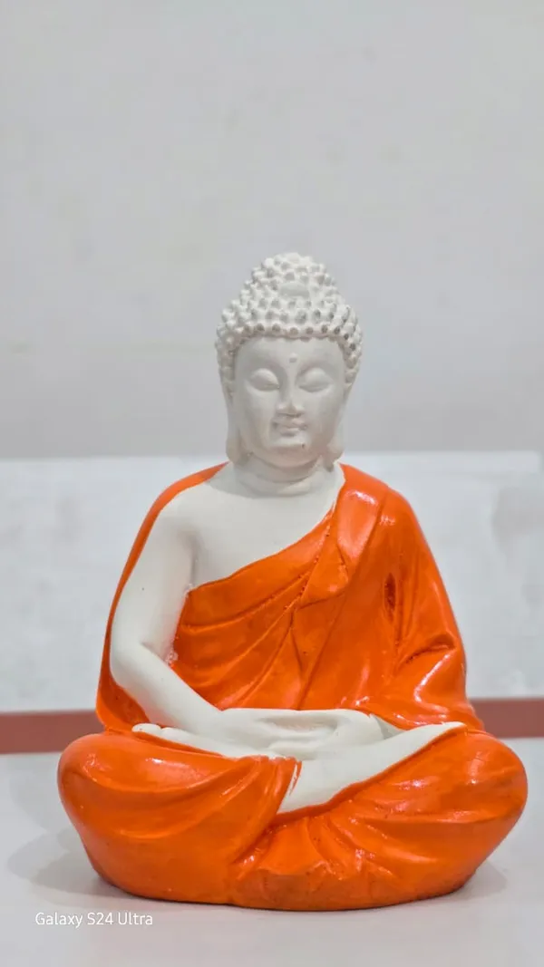 White_And_Orange_Resin_Decorative_Seated_Meditation_Buddha_Figurine
