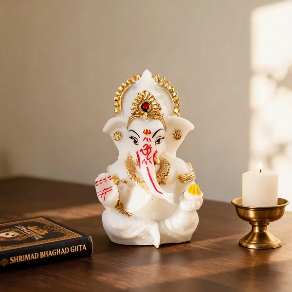 White_Resin_Devotional_Lord_Ganesha_Decorative_Idol