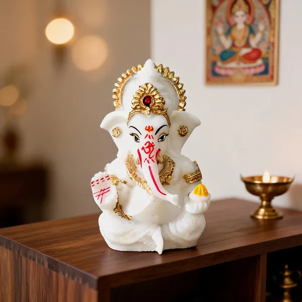 White_Resin_Devotional_Lord_Ganesha_Decorative_Idol