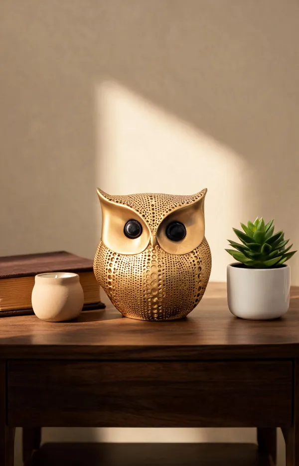 White_Gold_Resin_Decorative_Perforated_Owl_Figurine