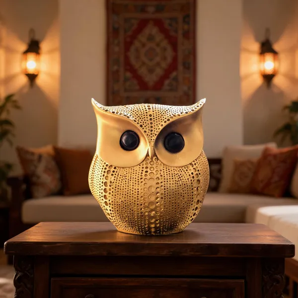 White_Gold_Resin_Decorative_Perforated_Owl_Figurine