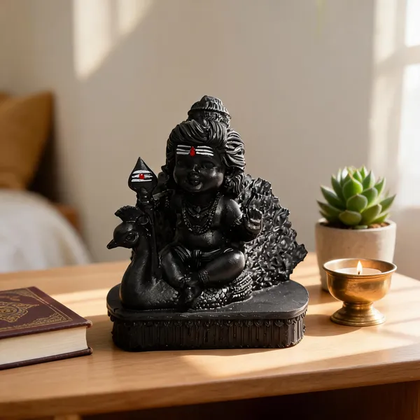 Black_Resin_Seated_Bal_Kartikeya_Murgan_With_Trident_Religious_Idol