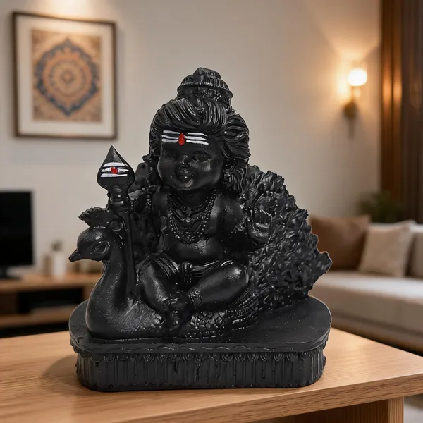 Black_Resin_Seated_Bal_Kartikeya_Murgan_With_Trident_Religious_Idol