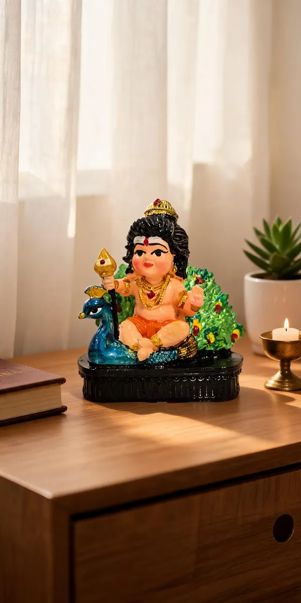 Multicolor_Resin_Bal_Murugan_With_Peacock_Religious_Idol