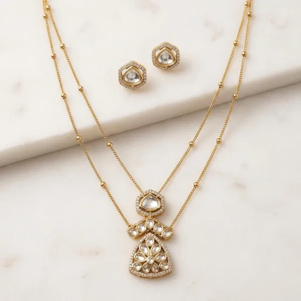 Gold_Moissanite_Floral_Teardrop_Necklace_Set_For_Women