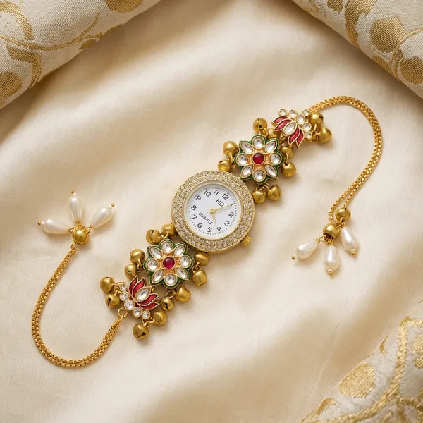 Red_Floral_Designer_Rakhi_&_Embellished_Watch_Bracelet_Set_for_Couple
