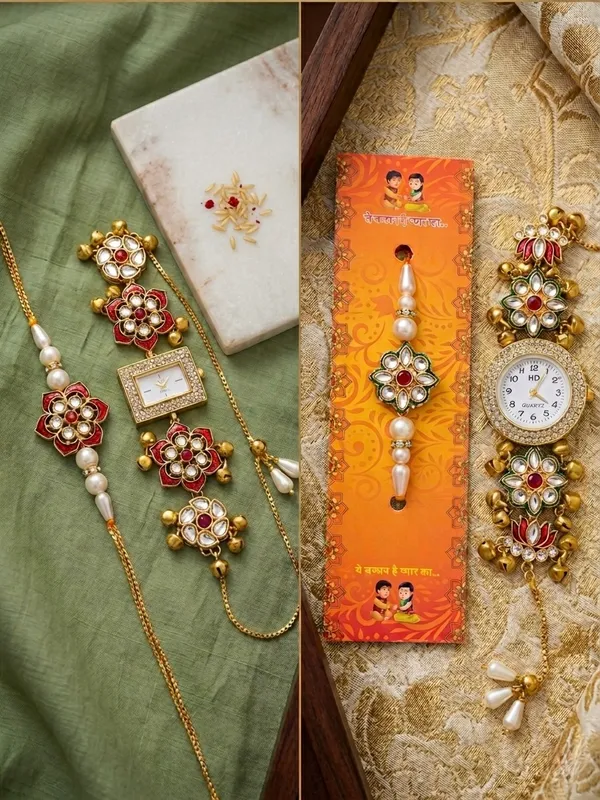 Red_Floral_Designer_Rakhi_&_Embellished_Watch_Bracelet_Set_for_Couple