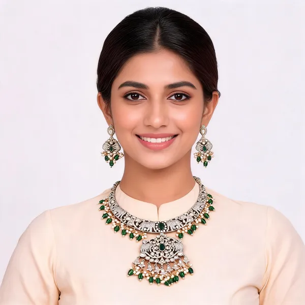Silver_Green_Kundan_Brass_Floral_Necklace_Set_For_Women