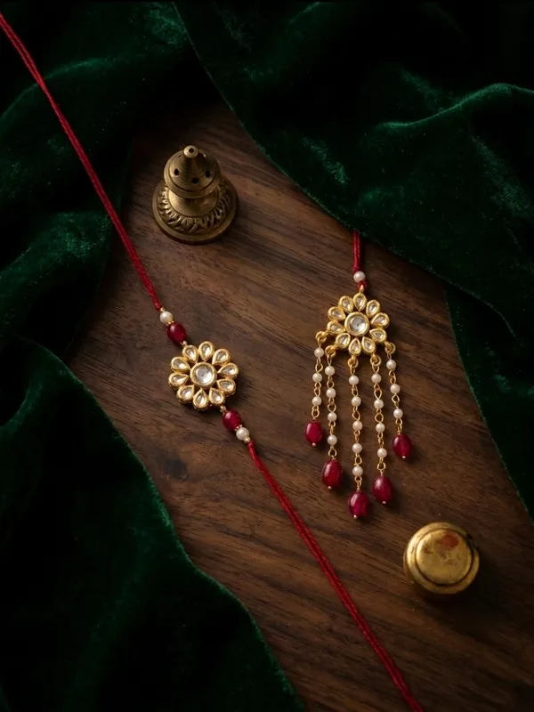 Gold_And_Red_Kundan_Brass_Floral_Rakhi_And_Lumba_Set_For_Couple