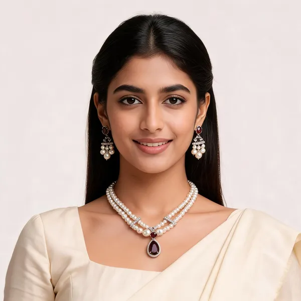 White_Brass_Pearl_Teardrop_Pendant_Necklace_Set_For_Women