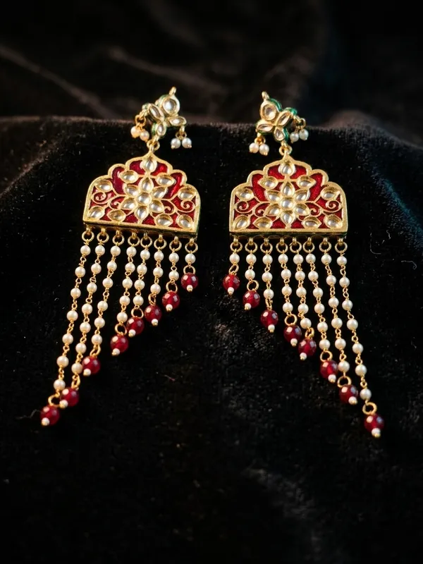 Gold_And_Red_Kundan_Brass_Floral_Drop_Earrings_For_Women
