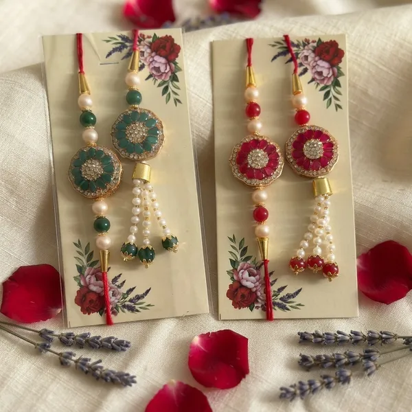 Green_Red_Kundan_Brass_Floral_Rakhi_Combo_For_Couple-_Pack_Of_2