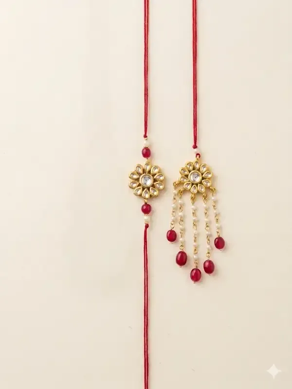 Gold_And_Red_Kundan_Brass_Floral_Rakhi_And_Lumba_Set_For_Couple