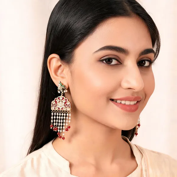 Gold_And_Red_Kundan_Brass_Floral_Drop_Earrings_For_Women