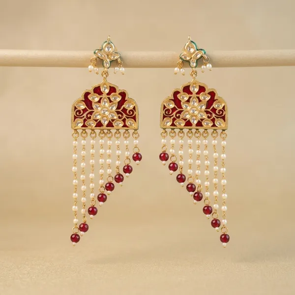 Gold_And_Red_Kundan_Brass_Floral_Drop_Earrings_For_Women