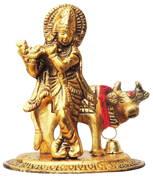 Aluminium_Showpiece_Cow_Krishan_Oval_Base_Statue_-_3.3x2.2x3.7_Inch_(AS260_G)