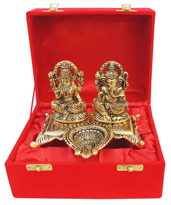 Showpiece_Aluminium_Laxmi_Ganesh_Deepak_-_6x4.5x4.2_inch_(AS370_G)