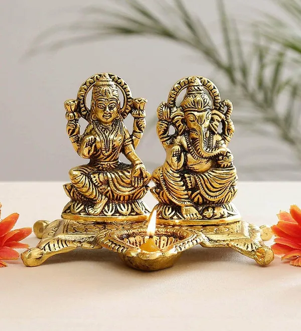Showpiece_Aluminium_Laxmi_Ganesh_Deepak_-_6x4.5x4.2_inch_(AS370_G)