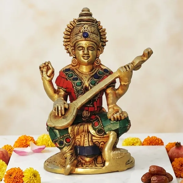 Brass_Showpiece_Saraswati_ji_idol_statue_with_Stone_finish_-_4.5x2.6x6.5_Inch_(BS1006_S)