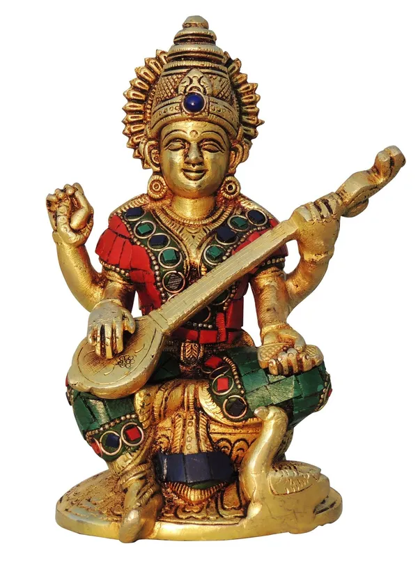 Brass_Showpiece_Saraswati_ji_idol_statue_with_Stone_finish_-_4.5x2.6x6.5_Inch_(BS1006_S)