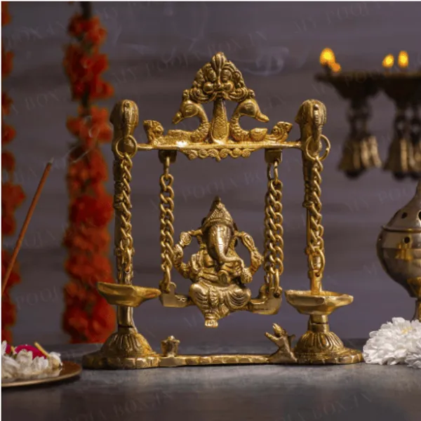 Brass_Ganesh_Jhula_with_Parrot_and_Deepak_-_8x2.5x9_inch_(BS1068_A)