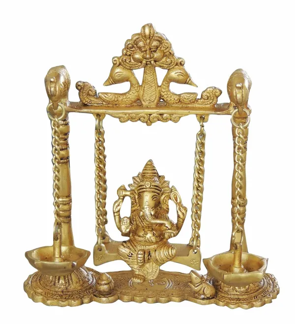 Brass_Ganesh_Jhula_with_Parrot_and_Deepak_-_8x2.5x9_inch_(BS1068_A)