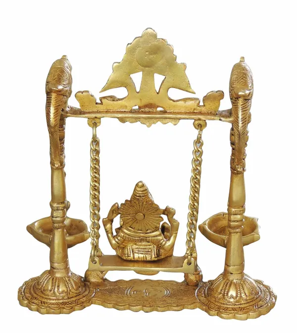 Brass_Ganesh_Jhula_with_Parrot_and_Deepak_-_8x2.5x9_inch_(BS1068_A)
