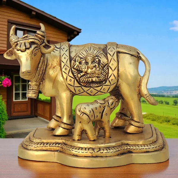 Brass_Showpiece_Cow_with_Calf_LG_statue_-_5.3x3.6x4.6_Inch_(BS1442_C)