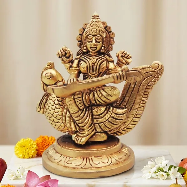 Brass_Showpiece_Saraswati_On_Peacock_God_Idol_Statue_-_4x2.7x4.5_Inch_(BS1637_S)