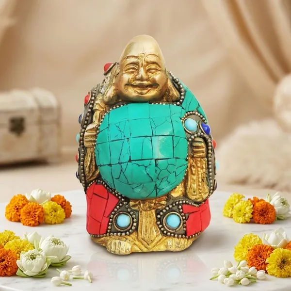 Brass_Showpiece_Laughing_Buddha_Statue_With_Turquoise_Coral_Stone_Finish_-_2.5x2x3.8_Inch_(BS325_C)