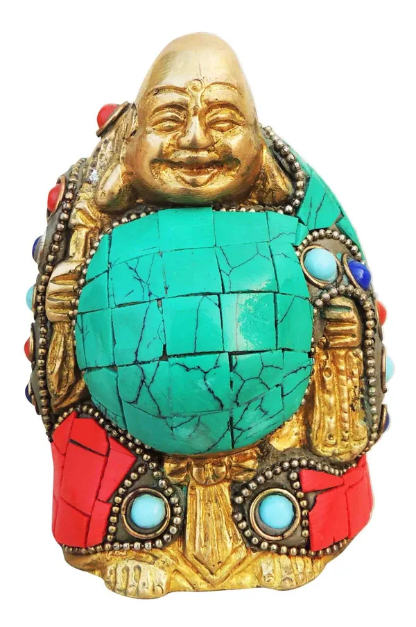 Brass_Showpiece_Laughing_Buddha_Statue_With_Turquoise_Coral_Stone_Finish_-_2.5x2x3.8_Inch_(BS325_C)