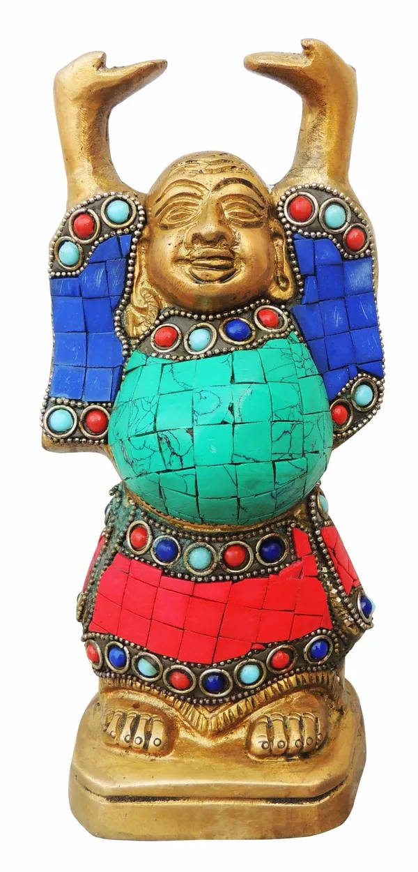 Brass_Showpiece_Laughing_Buddha_Statue_With_Turquoise_Coral_Stone_Finish_-_3.7x2.7x8_Inch_(BS325_F)