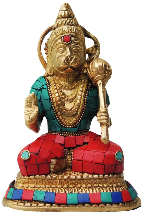 Brass_Showpiece_Hanuman_Ji_With_Turquoise_Coral_Stone_Finish_Statue_-_3x5x6.5_Inch_(BS433)