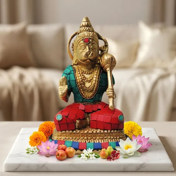 Brass_Showpiece_Hanuman_Ji_With_Turquoise_Coral_Stone_Finish_Statue_-_3x5x6.5_Inch_(BS433)