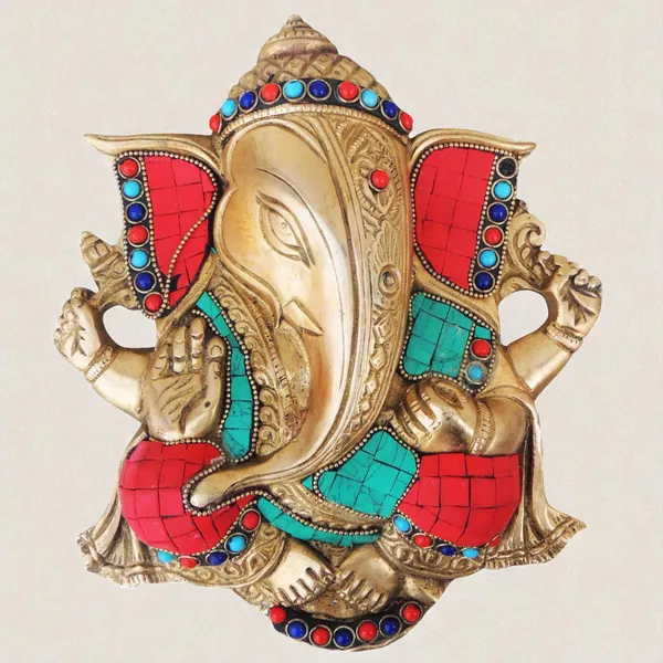 Brass_Wall_Hanging_Showpiece_Ganesh_With_Stone_Finish_-_8.8_Inch_(BS794_B)