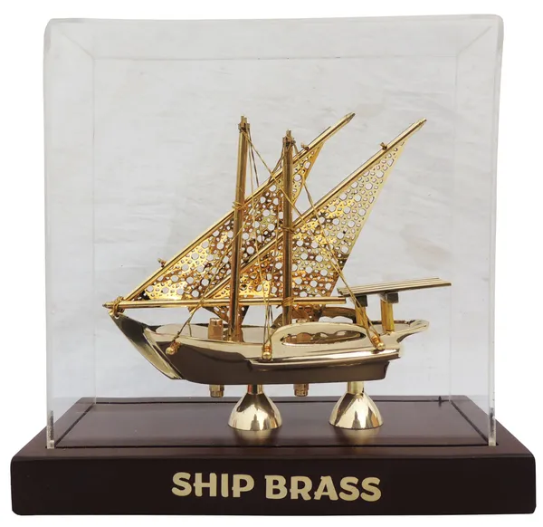 Brass_Decorative_Showpiece_Ship_Covered_With_Box,_Wooden_Base_-_9x4x8.5_Inch_(MR238_E)
