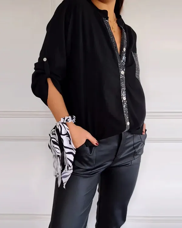 Liza_Femme_Black_Women_Liza_Femme_Shirt_Stand_Collar_Roll-up_Long_Sleeve_Shirt_Tops_Sequins_Patch_Pocket_Single_Breasted_Sunscreen_Shirt