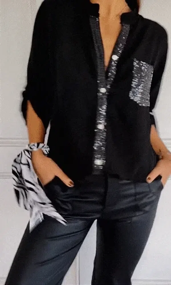 Liza_Femme_Black_Women_Liza_Femme_Shirt_Stand_Collar_Roll-up_Long_Sleeve_Shirt_Tops_Sequins_Patch_Pocket_Single_Breasted_Sunscreen_Shirt
