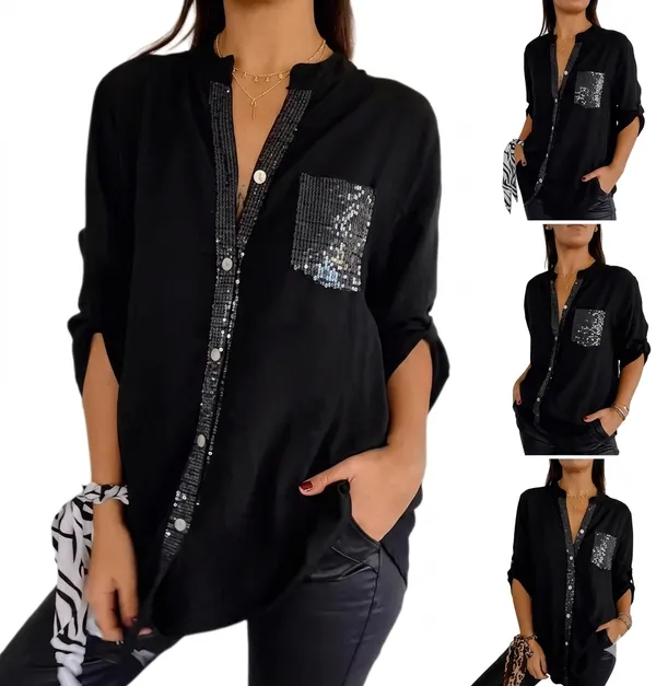 Liza_Femme_Black_Women_Liza_Femme_Shirt_Stand_Collar_Roll-up_Long_Sleeve_Shirt_Tops_Sequins_Patch_Pocket_Single_Breasted_Sunscreen_Shirt