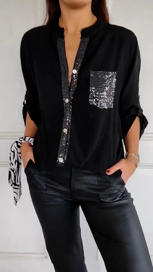 Liza_Femme_Black_Women_Liza_Femme_Shirt_Stand_Collar_Roll-up_Long_Sleeve_Shirt_Tops_Sequins_Patch_Pocket_Single_Breasted_Sunscreen_Shirt