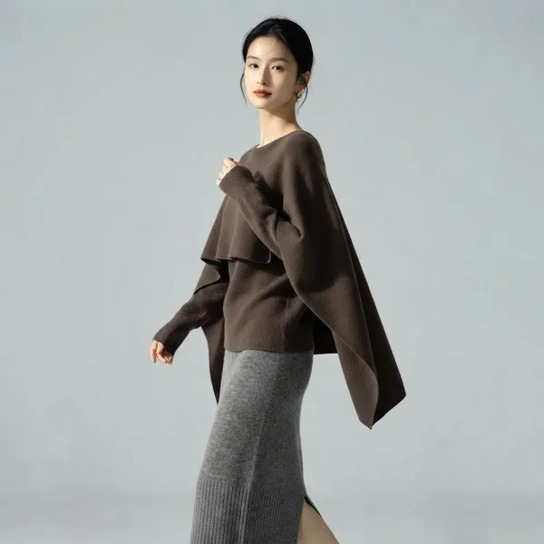 Brown_Korean_Elegance_Women_Layered_Cape_Two-Piece_Set