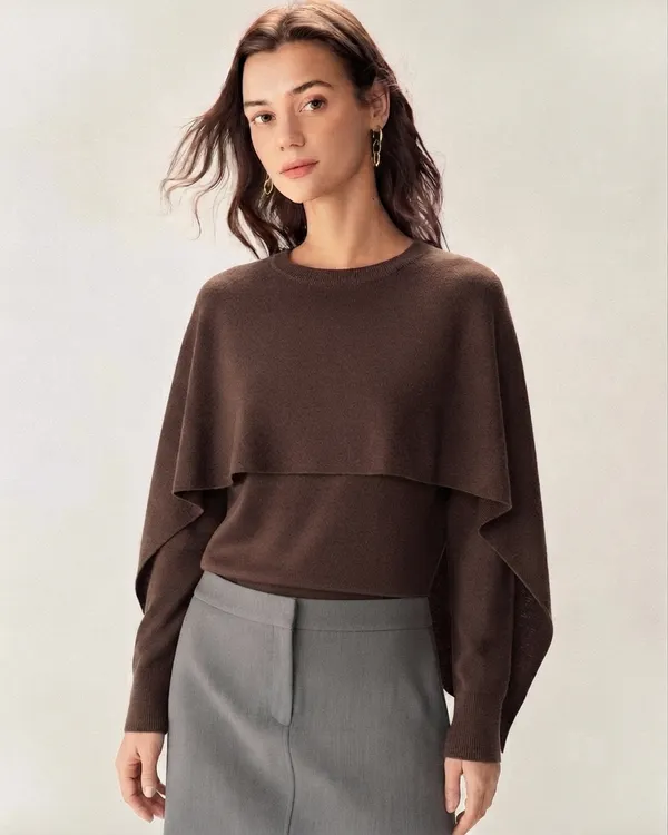 Brown_Korean_Elegance_Women_Layered_Cape_Two-Piece_Set