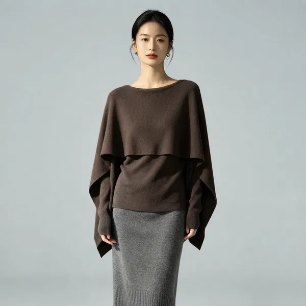 Brown_Korean_Elegance_Women_Layered_Cape_Two-Piece_Set