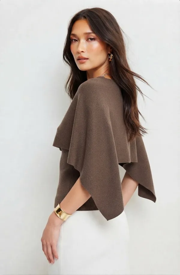 Brown_Korean_Elegance_Women_Layered_Cape_Two-Piece_Set